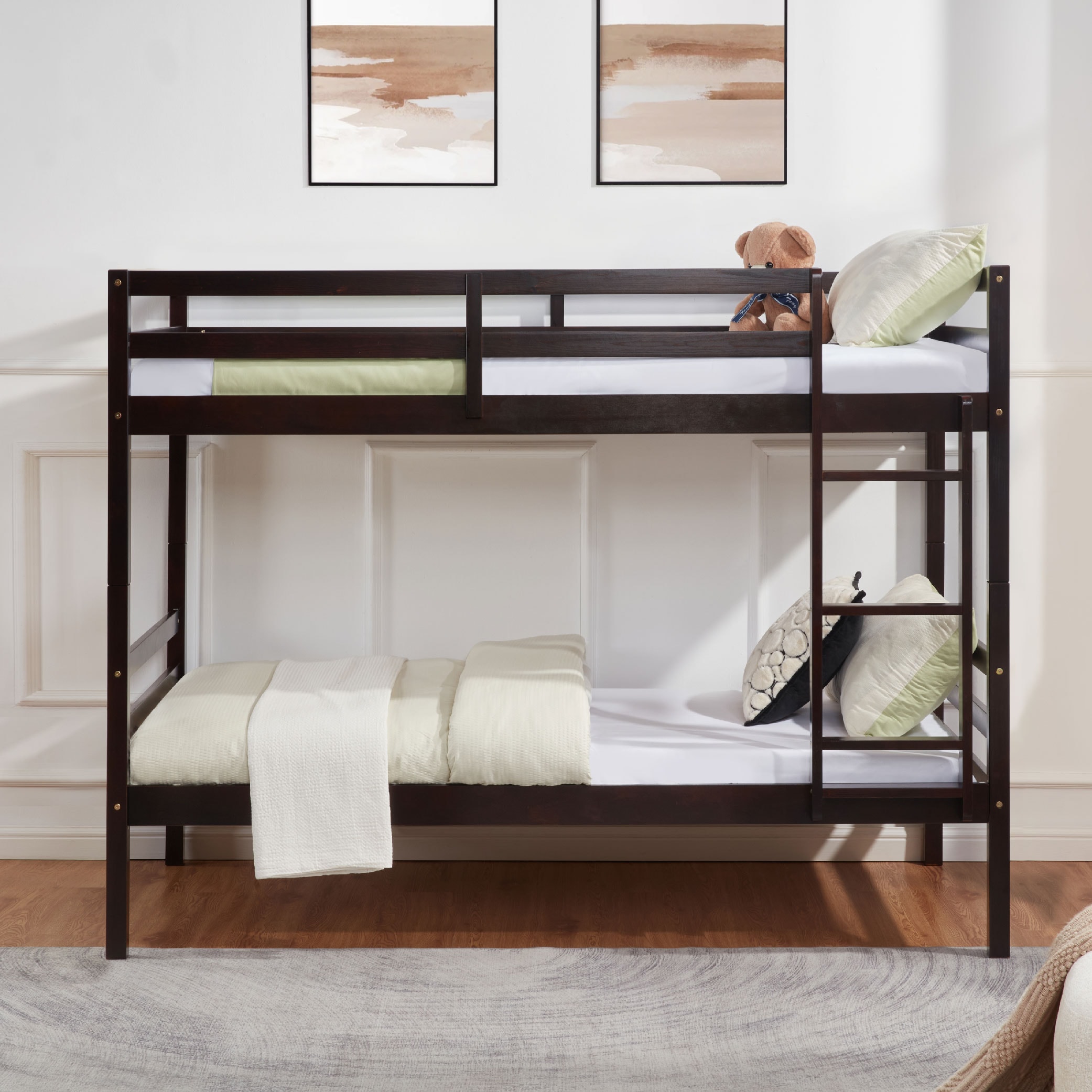 Twin over Twin Bunk Bed with Ladder,Wooden Bunk Bed with High Guardrail and Ladder for Kids, Teens, Dorm Rooms, and Guest Rooms,No Box Spring Needed,Espresso Twin over Twin Bunk Bed with Ladder,Wooden Bunk Bed with High Guardrail and Ladder for Kids, Teens, Dorm Rooms, and Guest Rooms,No Box Spring Needed,Espresso